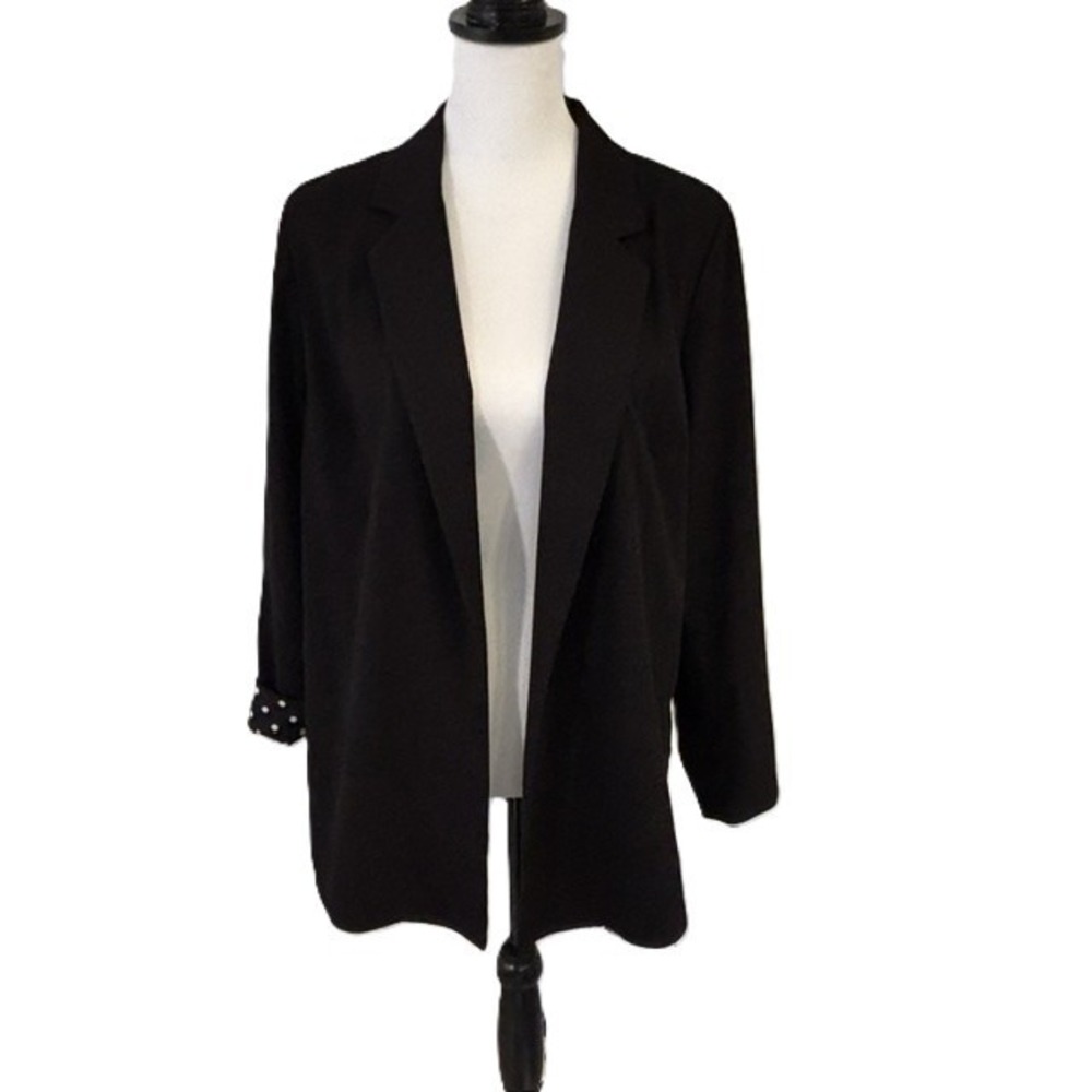 Chico's Blazer Women Size 1 Black Polka Dot Cuff Open Front Longline Excellent